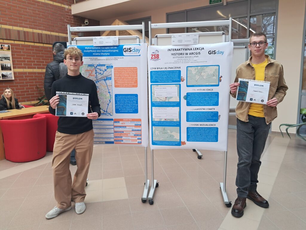 uczniowie stoja na tle przygotowanych posterów